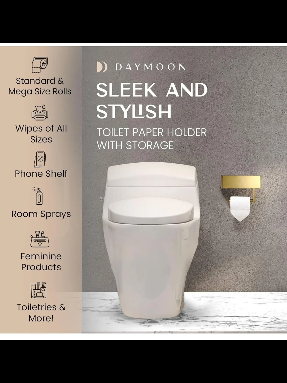 Day Moon Toilet Paper Holder with Shelf, Wipes/Fem Prod Storage Phone Shelf Gold